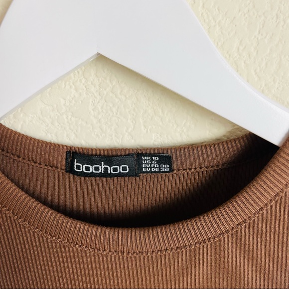 Boohoo Brown Ribbed Short Sleeve Casual Bodycon Mini Dress - Picture 4 of 5